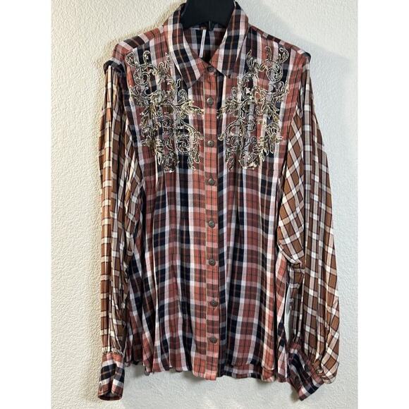 Free People Copper Plaid Snow Top Mountain Top Shirt Button down Medium M NEW - Picture 4 of 16